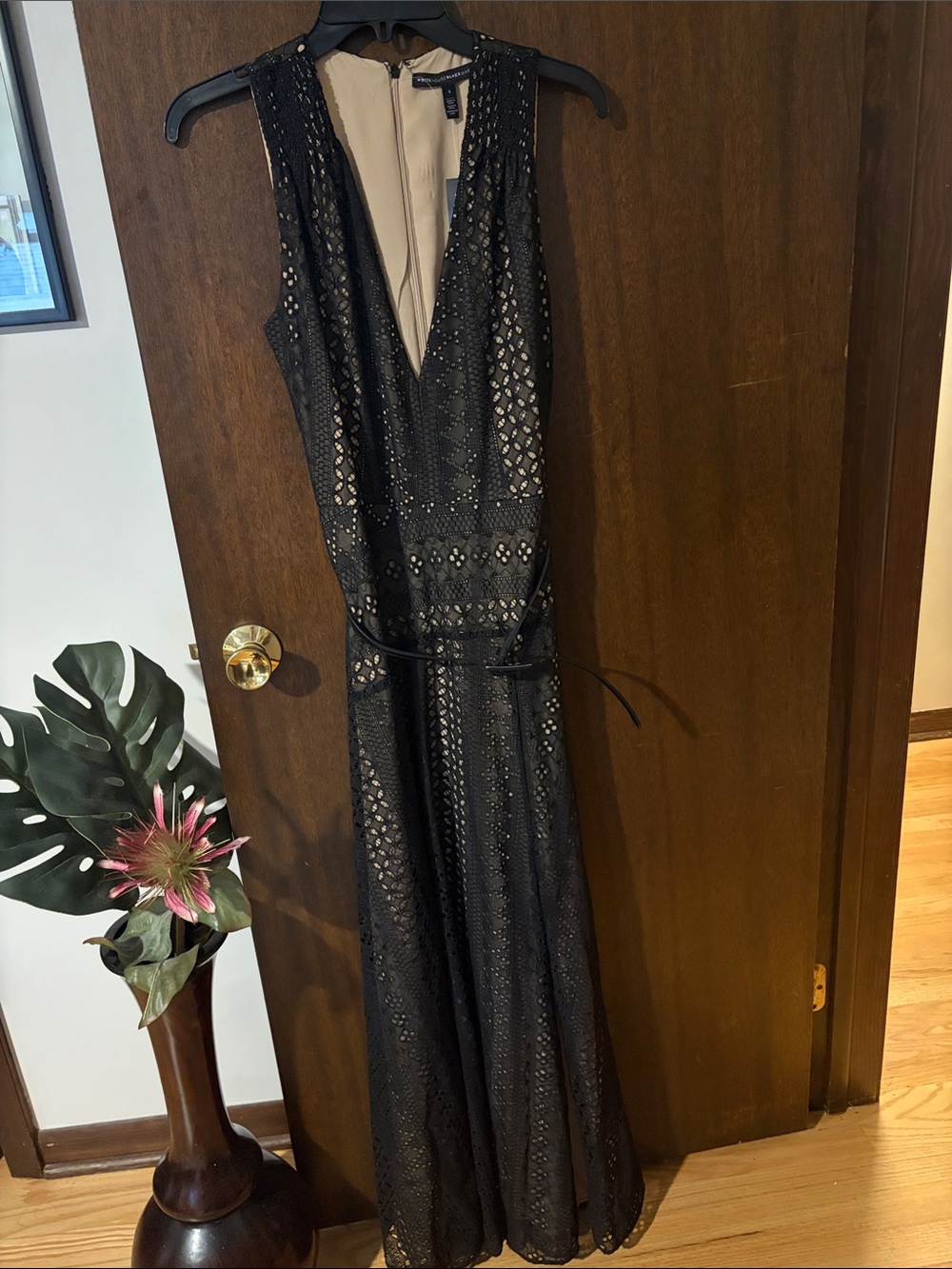 White House Black Market Black Lace Maxi Dress with Nude Lining